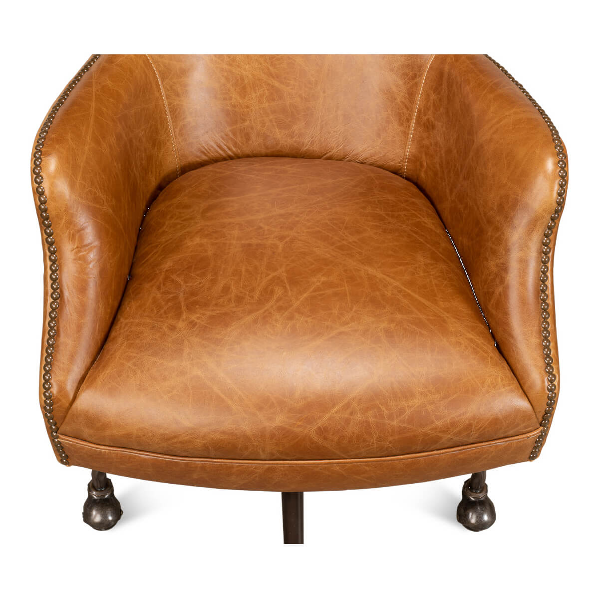 Brown leather desk chair, top-down seat view.