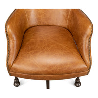 Brown leather desk chair, top-down seat view.