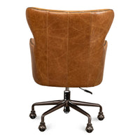 Brown leather desk chair, back view.
