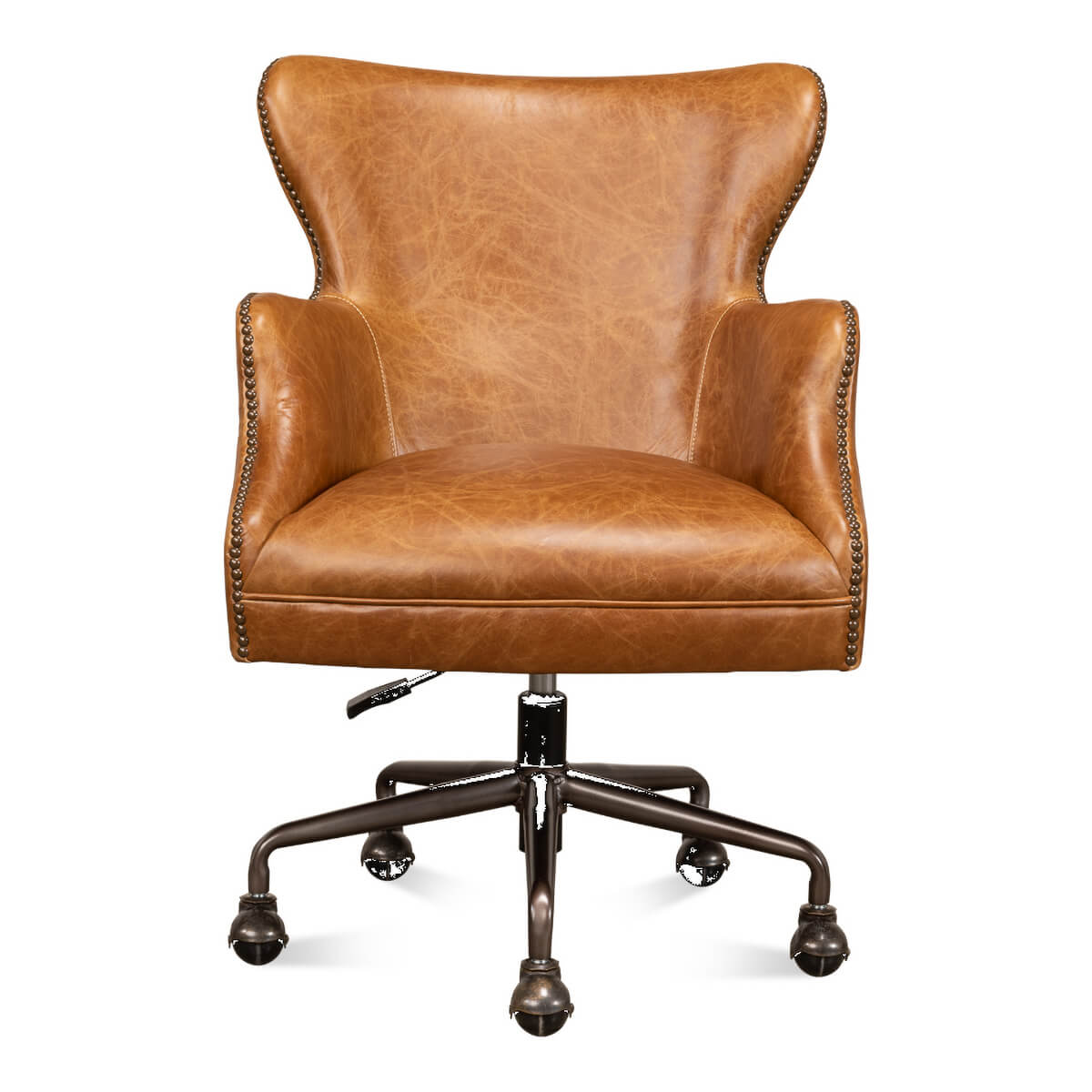 Brown leather desk chair, front view.