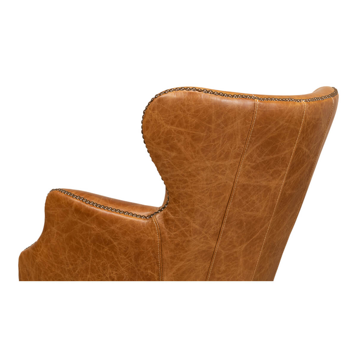 Brown leather desk chair, side back detail.