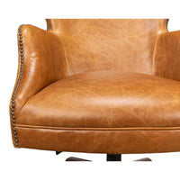 Brown leather desk chair, seat close-up.