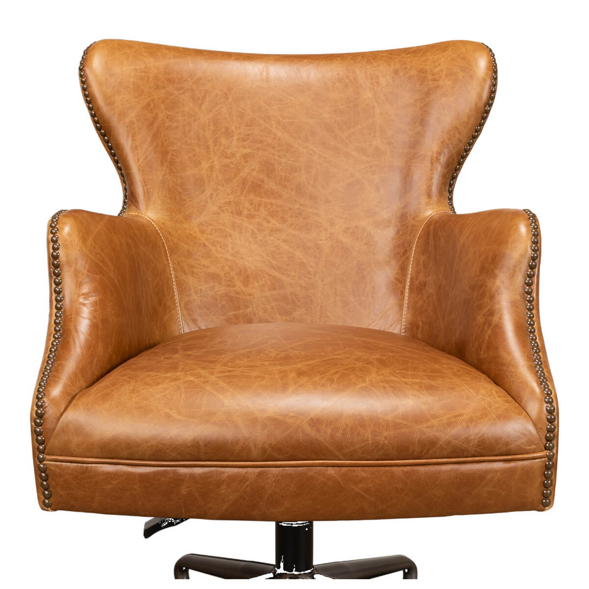 Brown leather desk chair, close-up front.