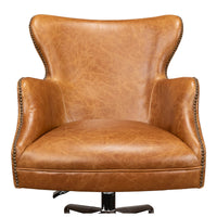 Brown leather desk chair, close-up front.