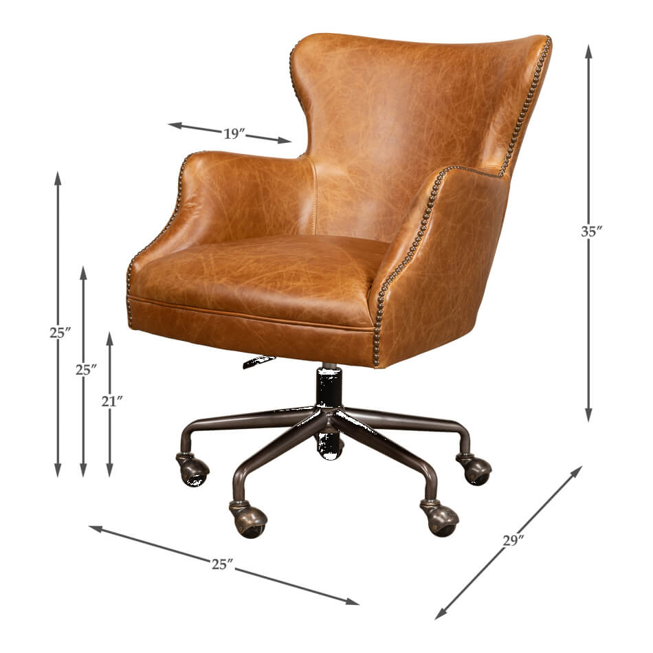 Brown leather desk chair, measurements shown.