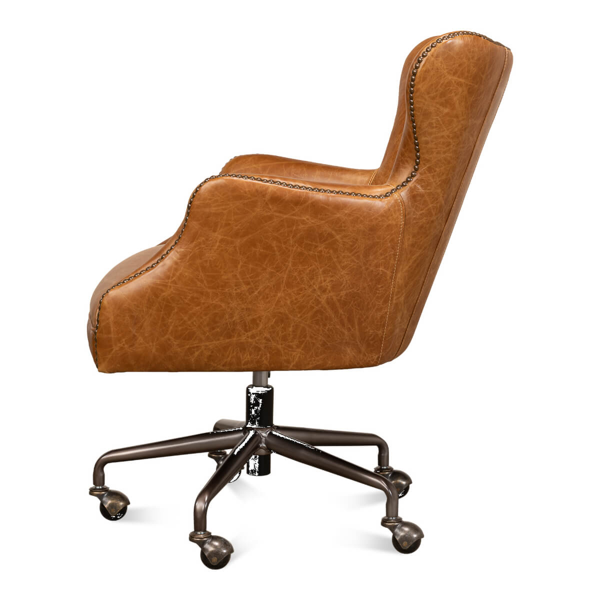 Brown leather desk chair, side profile.