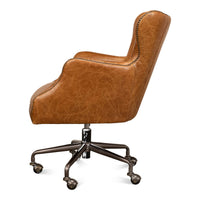 Brown leather desk chair, side profile.