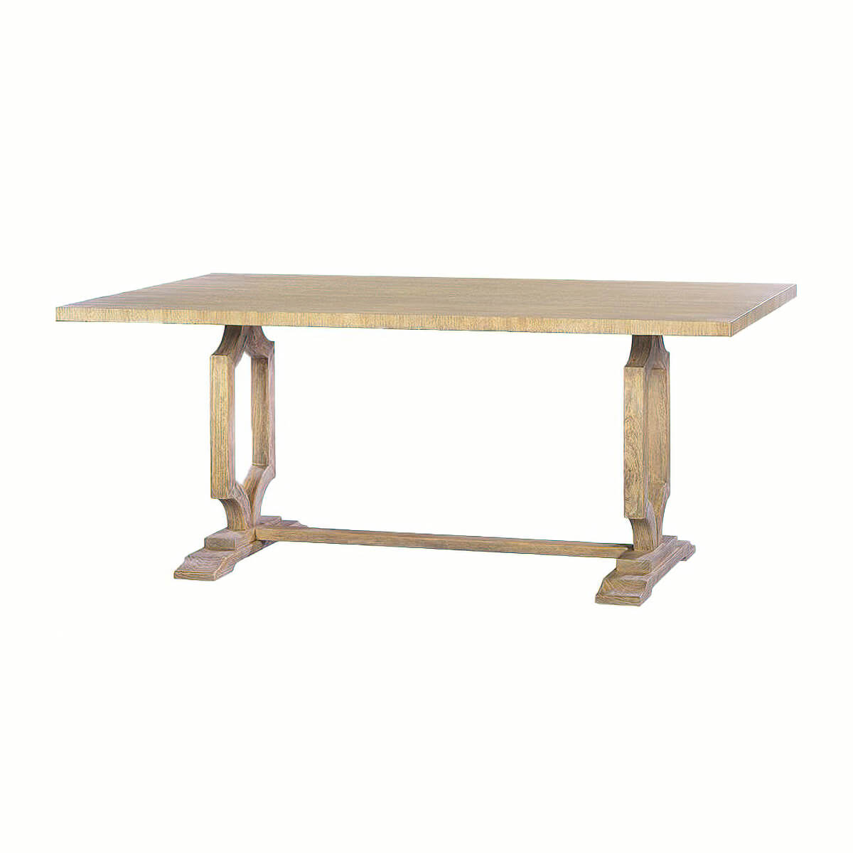 Modern trestle dining table full view on white background.