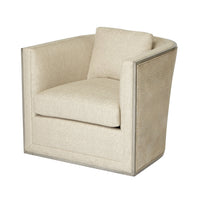 Beige modern tub chair angled front view with cushion.
