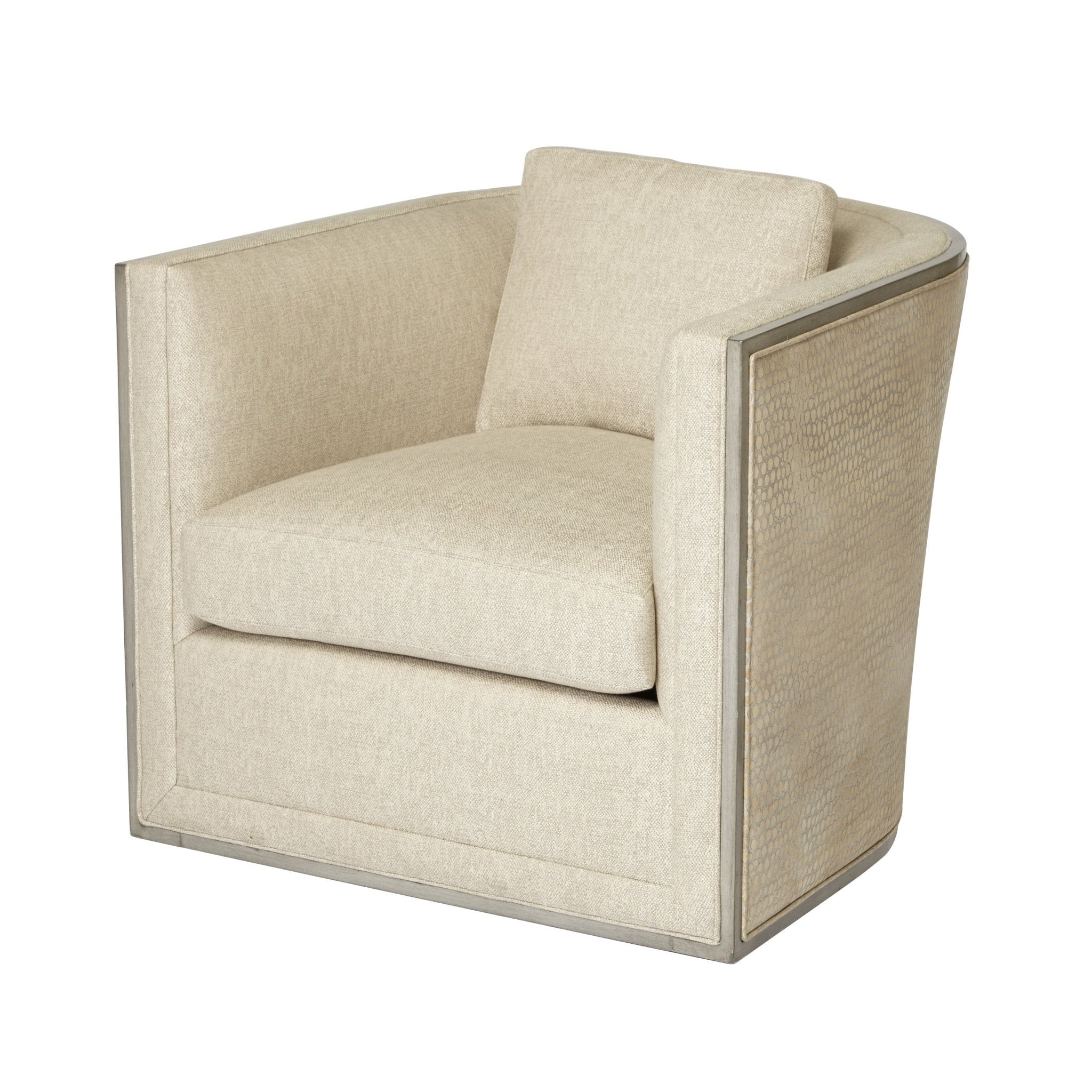 Beige modern tub chair angled front view with cushion.