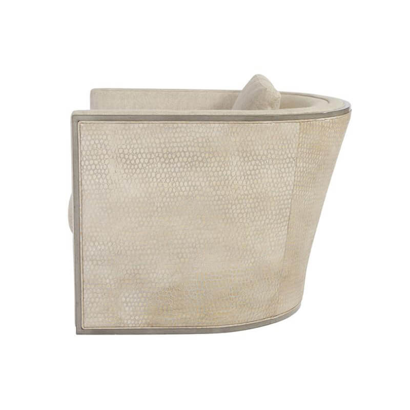 Side profile of modern tub chair with unique pattern.