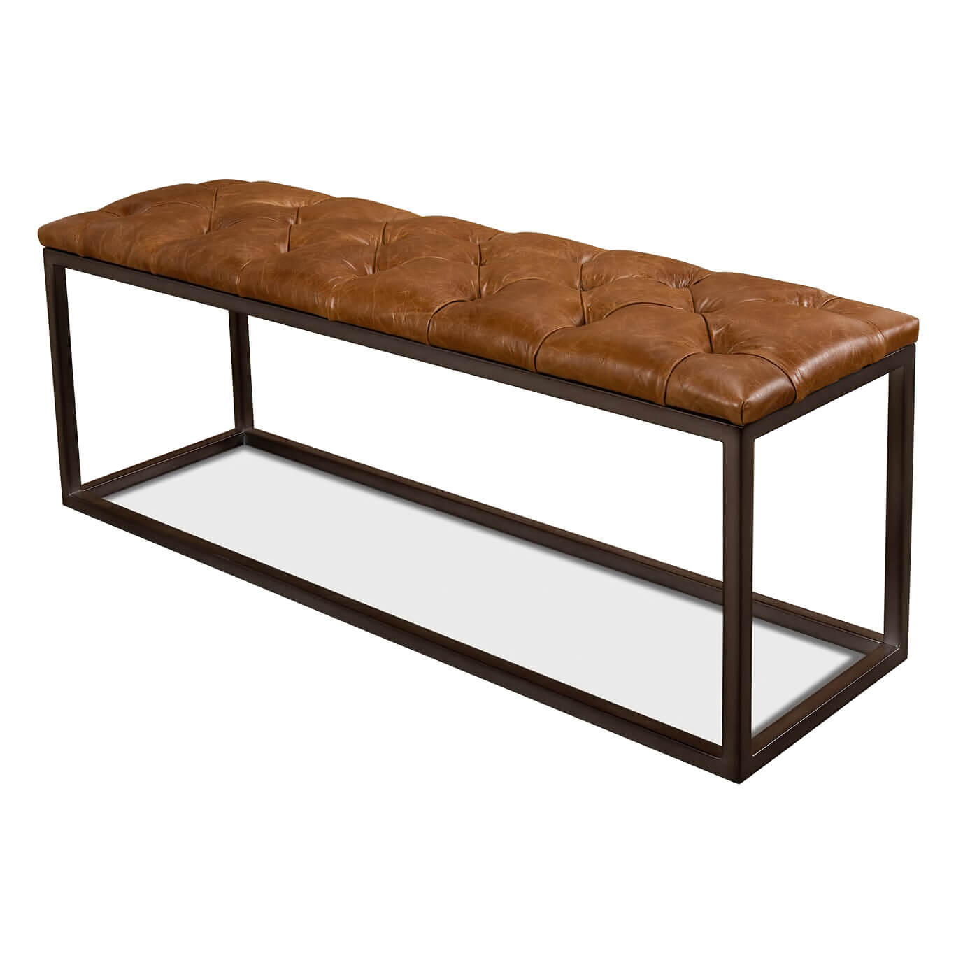 Brown leather bench side view with tufted cushion.