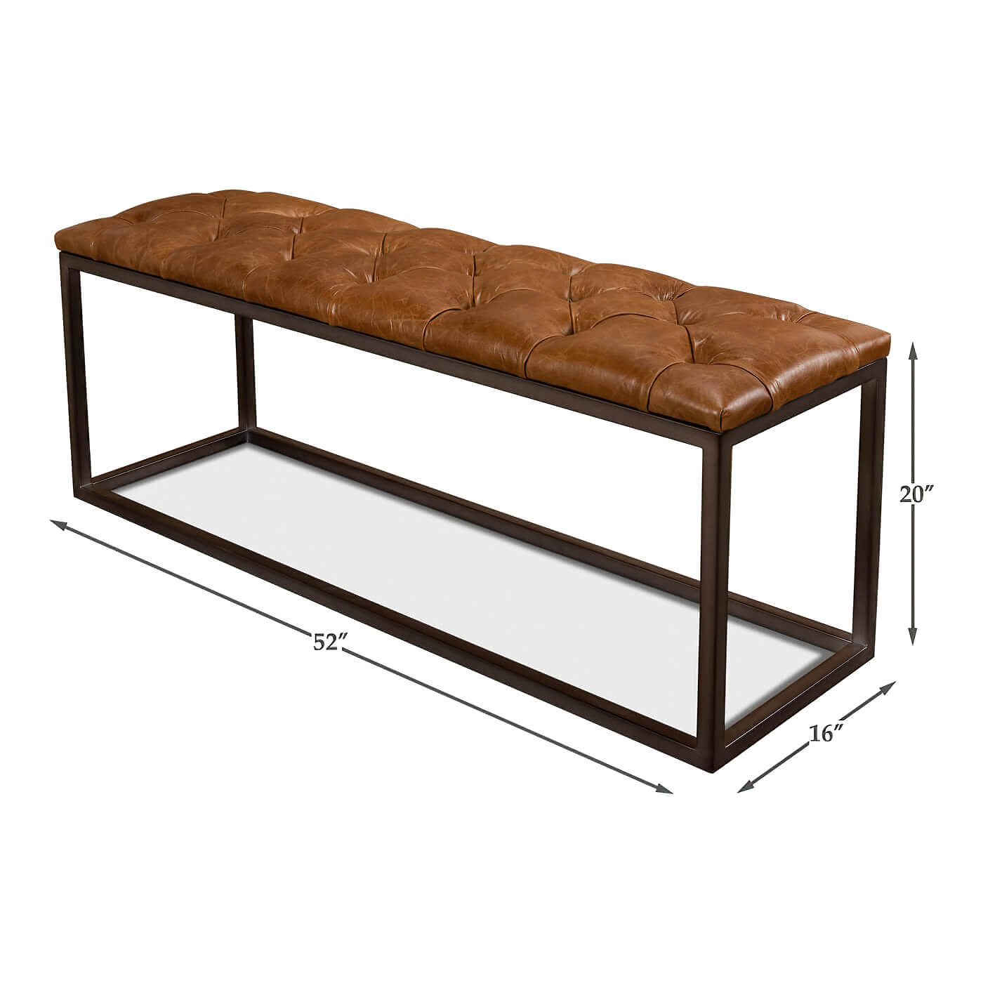 Dimensions of tufted leather bench shown.