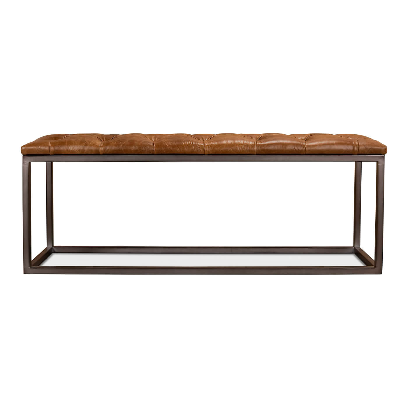 Side view of modern brown leather bench.