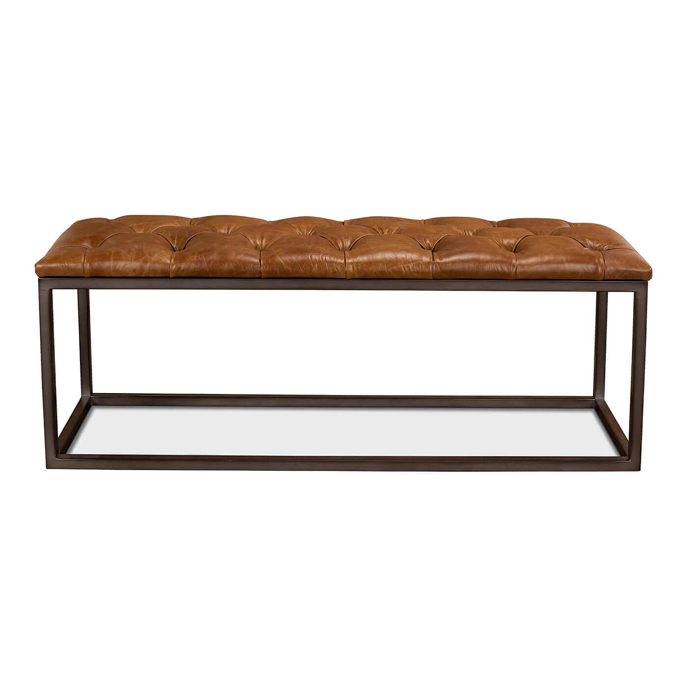 Front view of modern tufted leather bench.