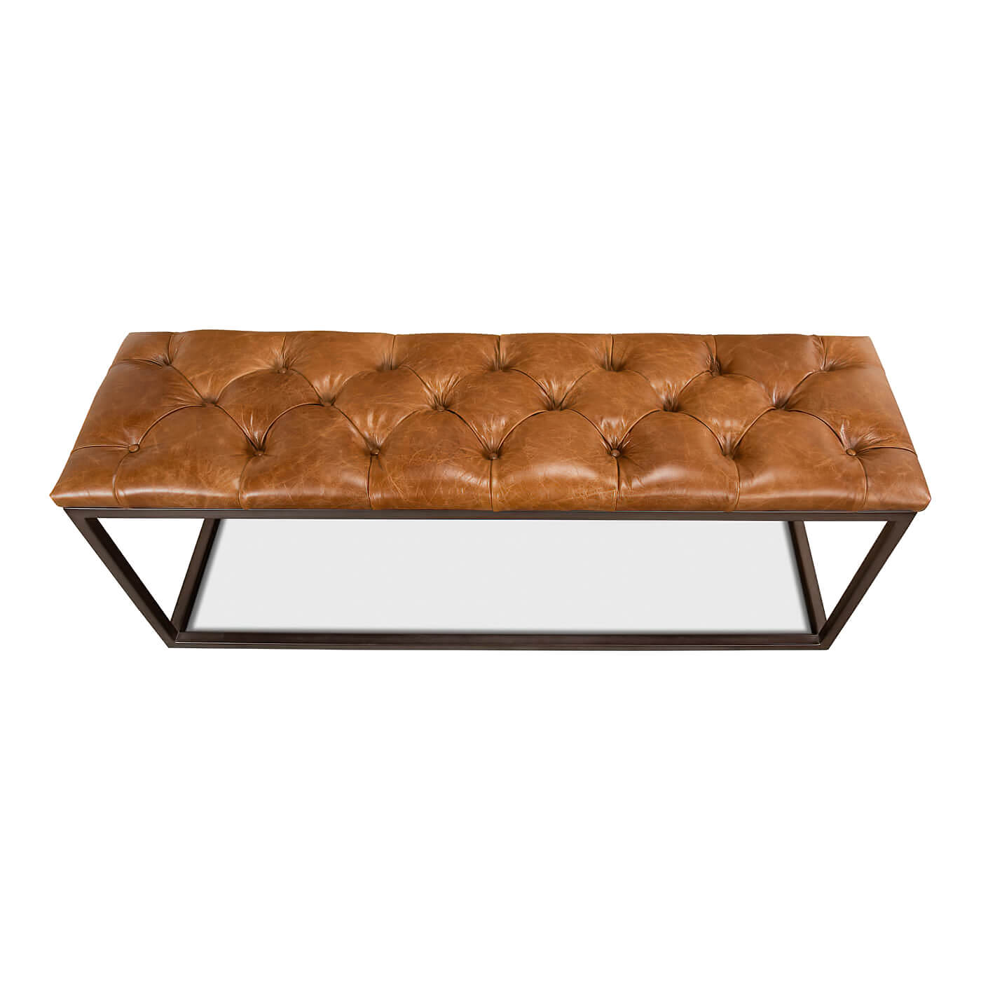 Top view of leather bench with tufted details.