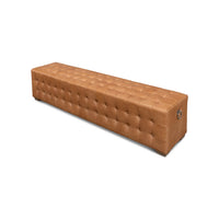 Angled view, modern tufted leather bench.