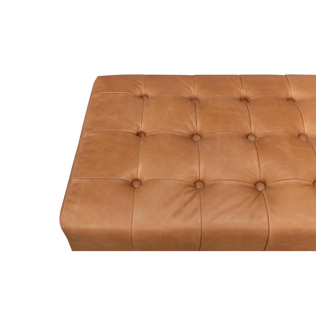 Top corner view, modern tufted leather bench.
