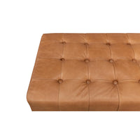 Top corner view, modern tufted leather bench.