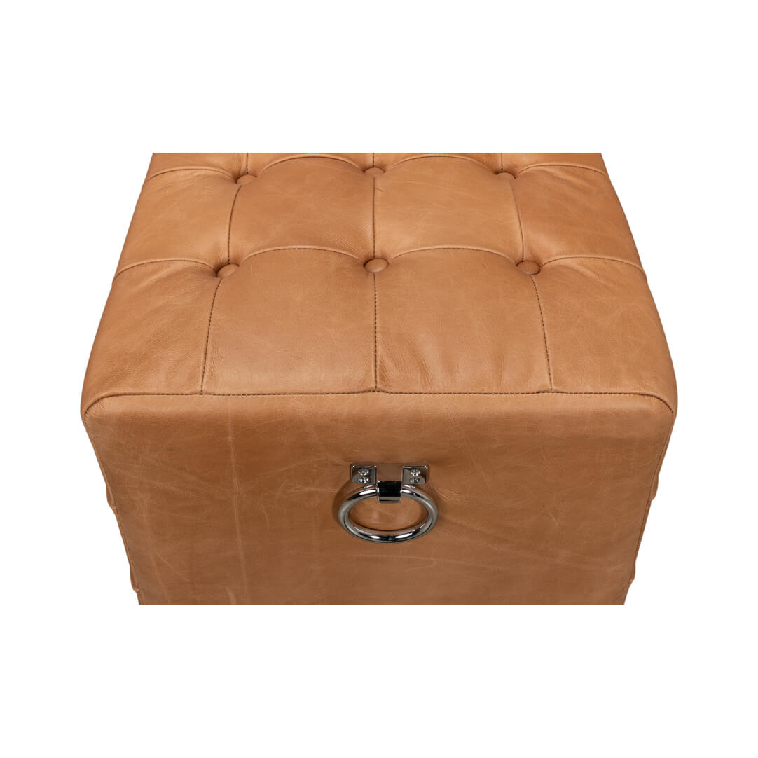 Top side view with handle, tufted leather bench.
