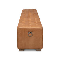 Side view with metal handle, modern tufted bench.