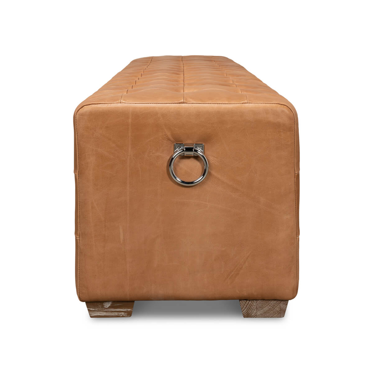 End view with ring detail, tufted leather bench.