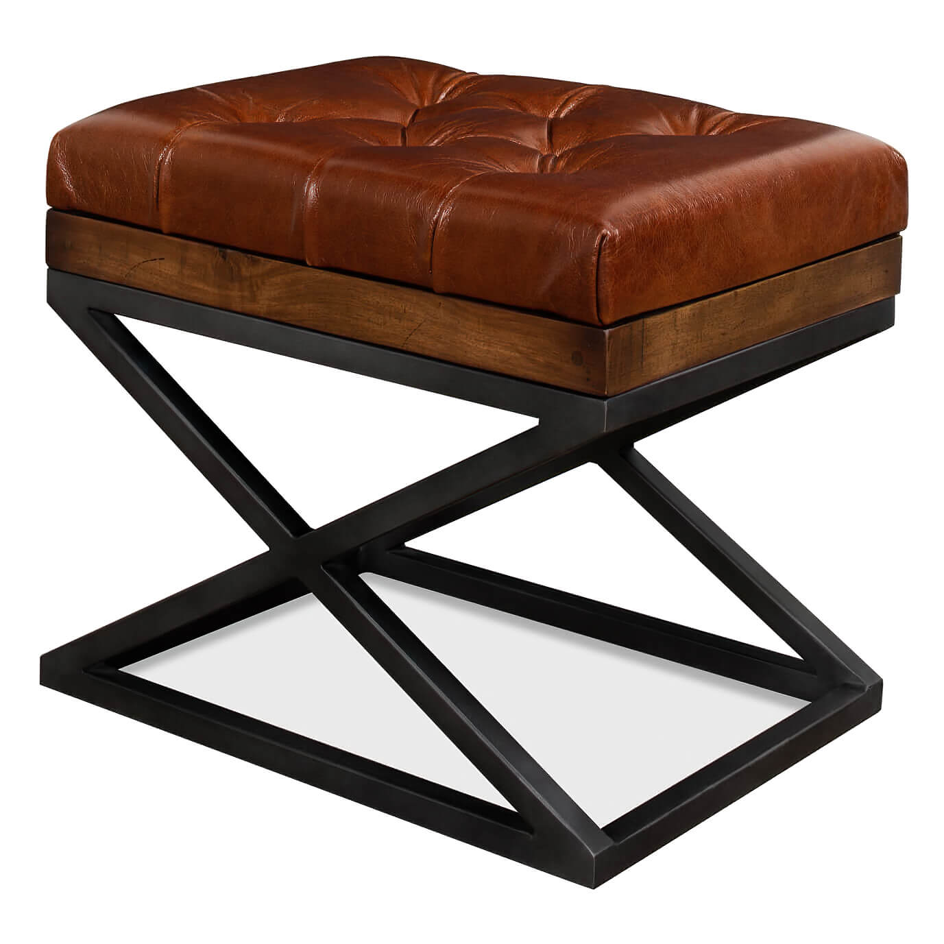 Modern tufted leather stool with X frame, angled view.