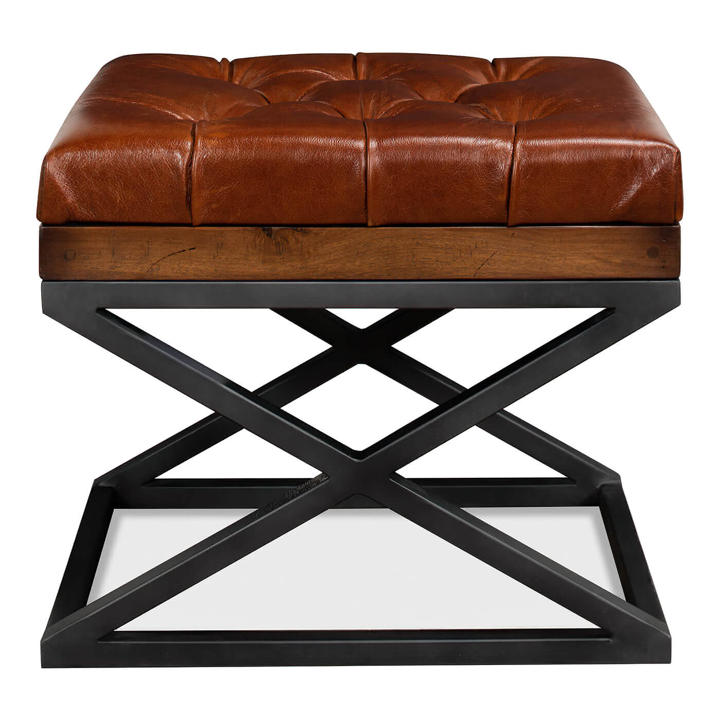 Front view of modern tufted leather X frame stool.