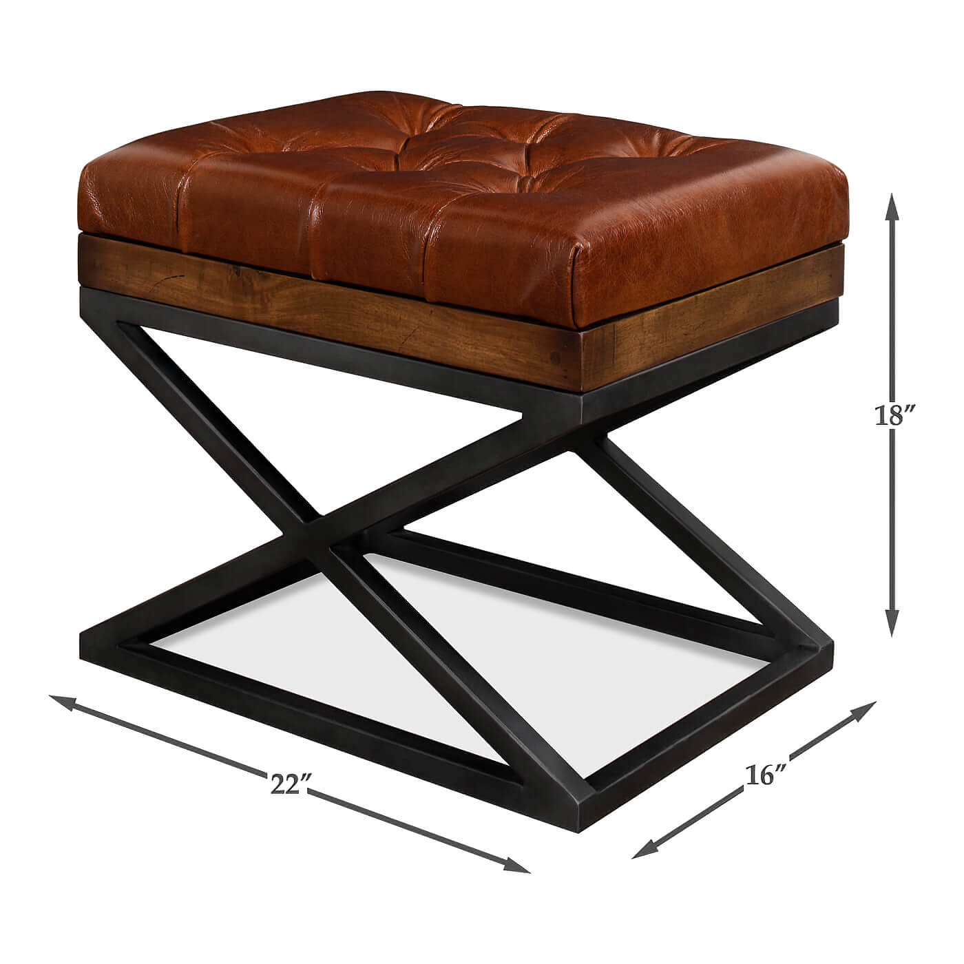 Dimensions of modern tufted leather stool, X frame structure.