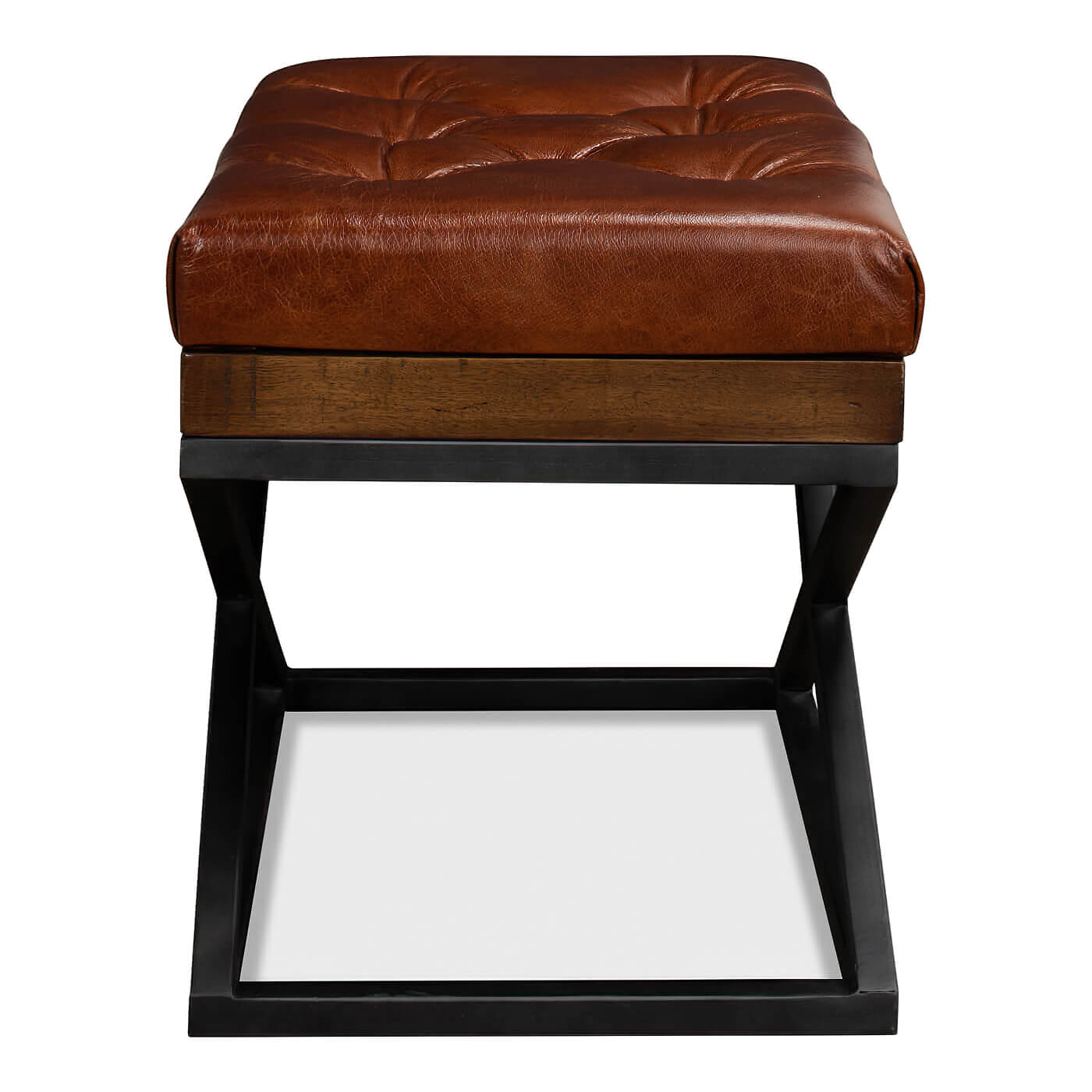 Side view of modern tufted leather stool, X frame design.