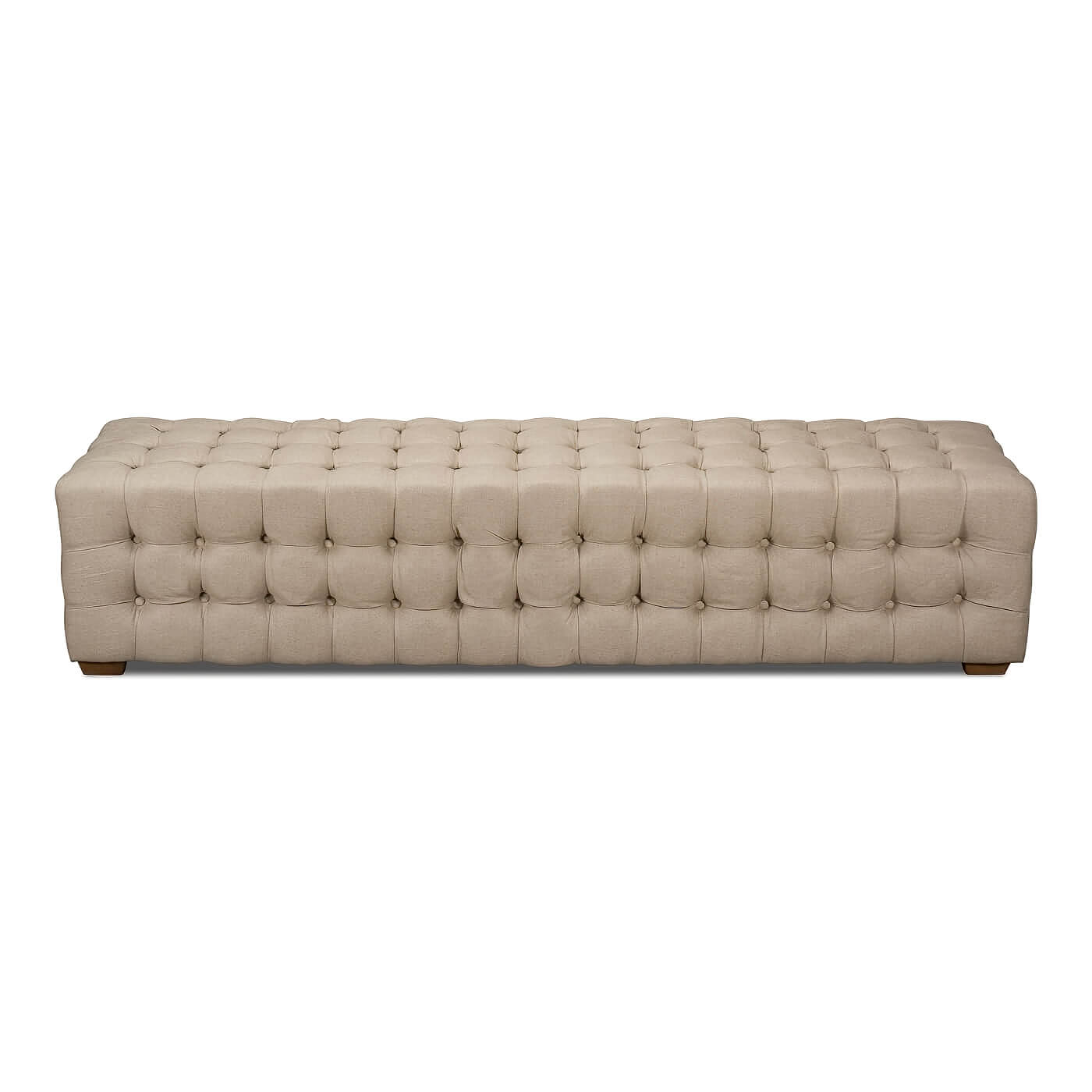 Beige tufted bench front view, sturdy design.