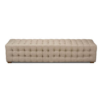 Beige tufted bench front view, sturdy design.