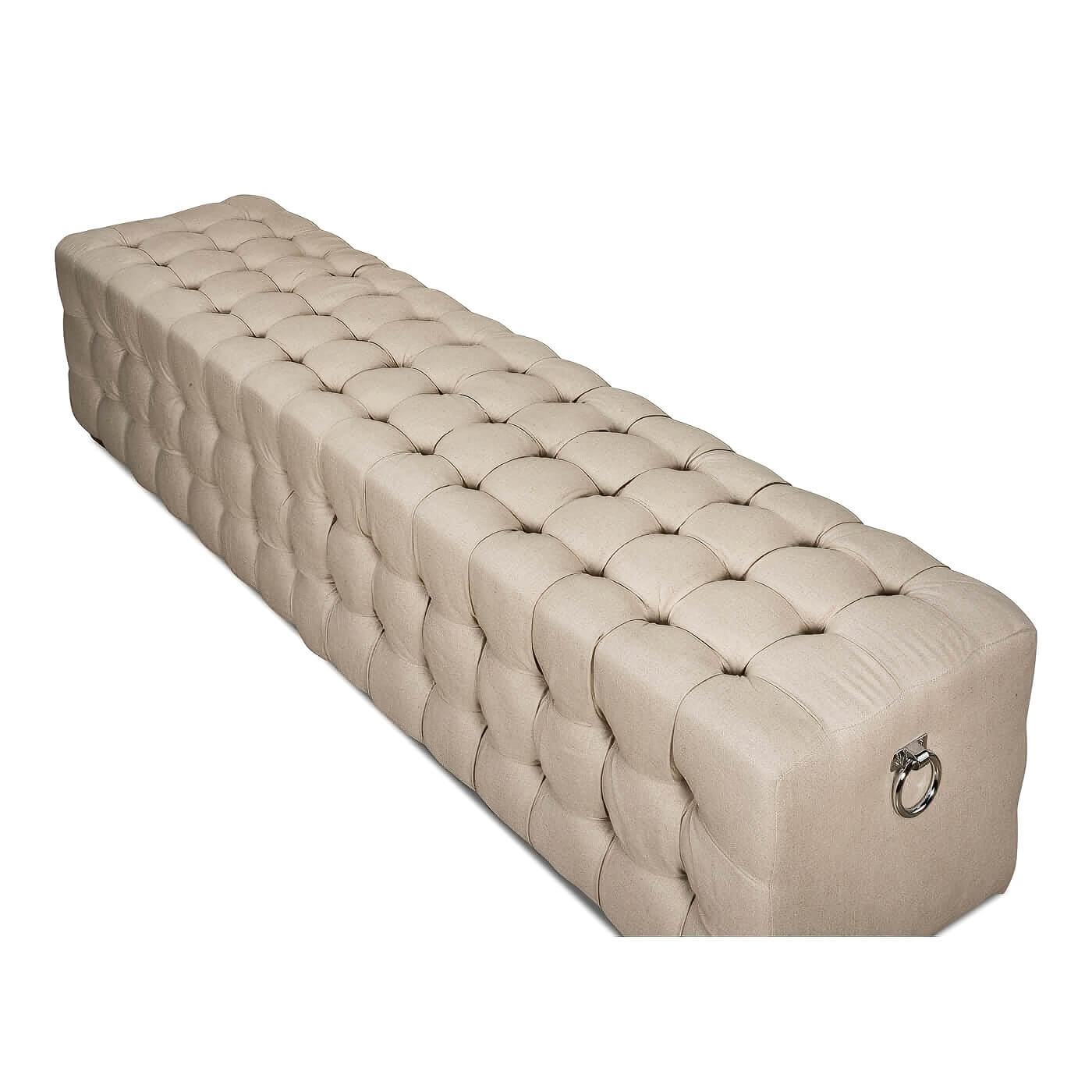 Angled view of tufted bench with ring accent.