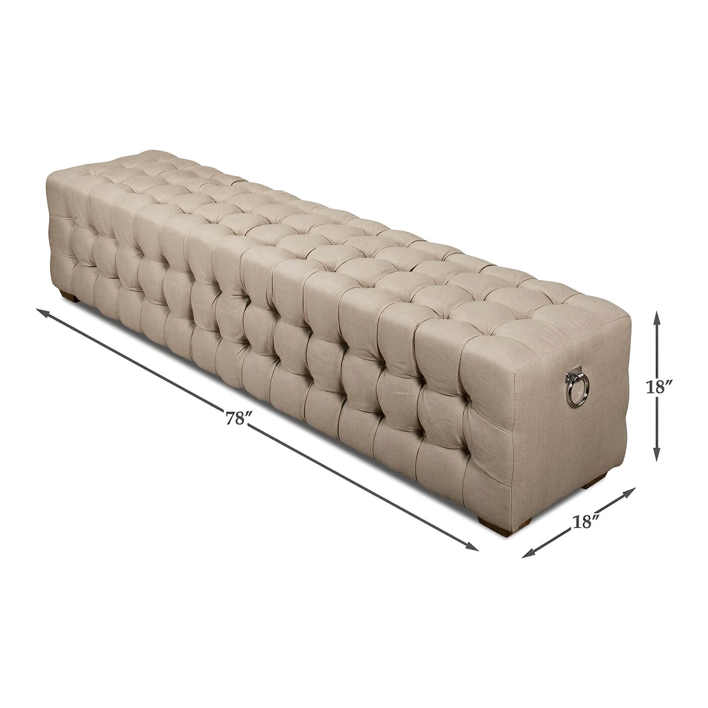 Measurements of tufted bench, sleek design details.