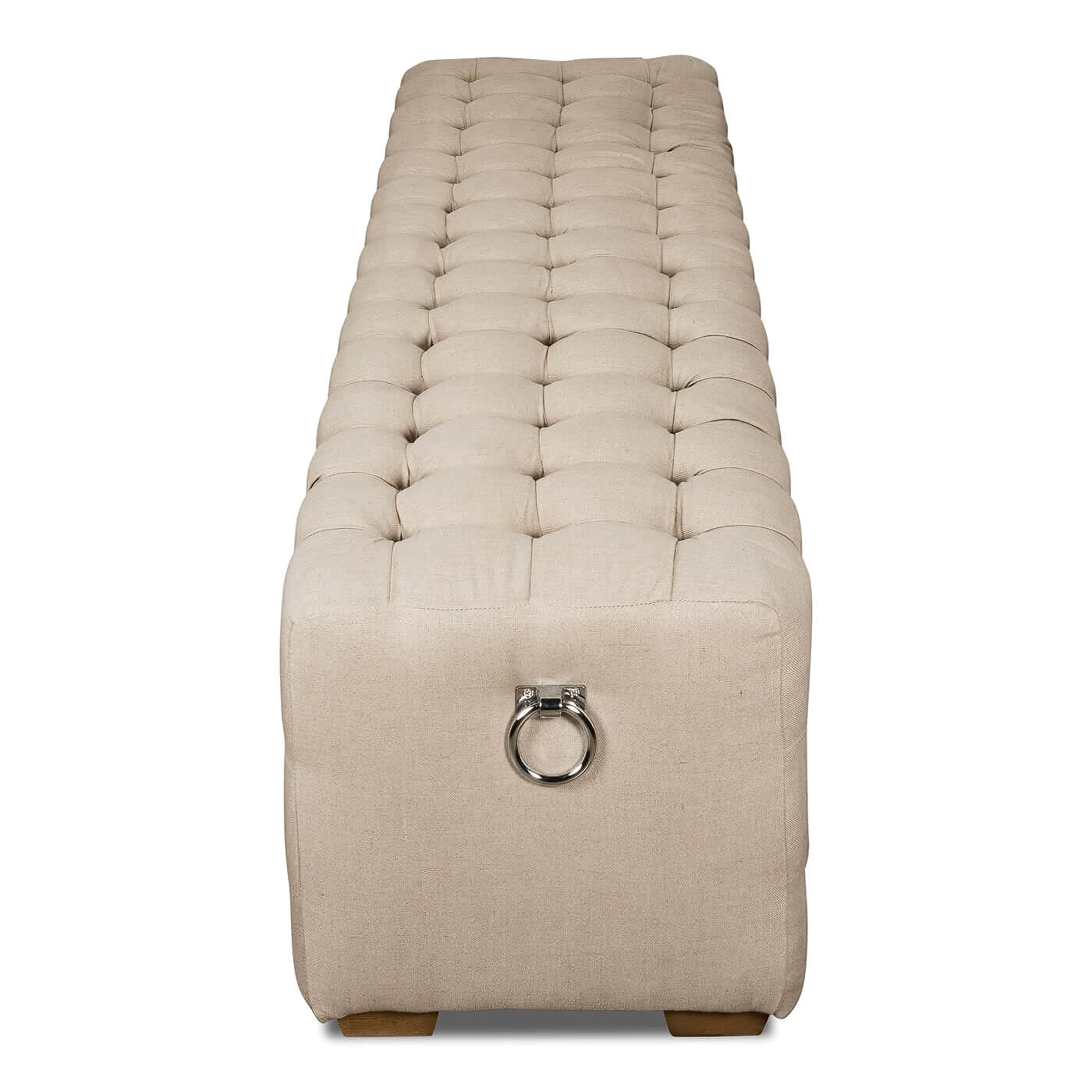 Bench end view showing tufted linen texture.