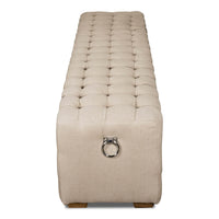 Bench end view showing tufted linen texture.