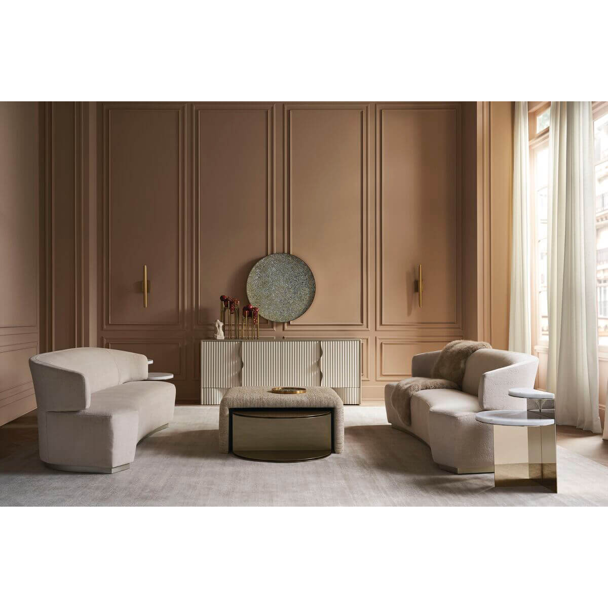 Elegant living room setup featuring two-tier end table.