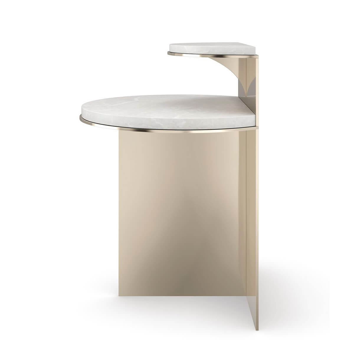 Side angle of two-tier end table, sleek metal finish.