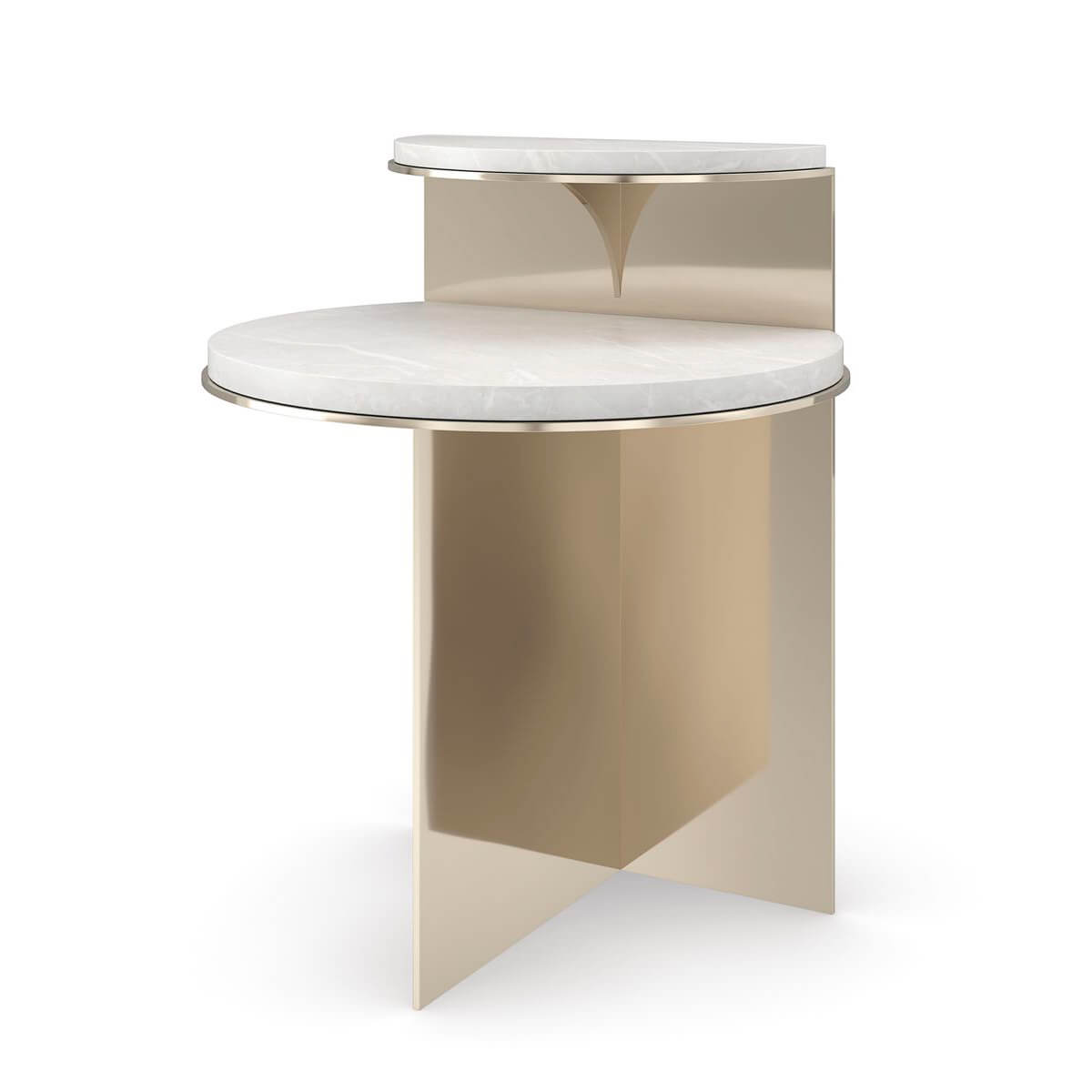 Two-tier end table side view, marble and metal design.
