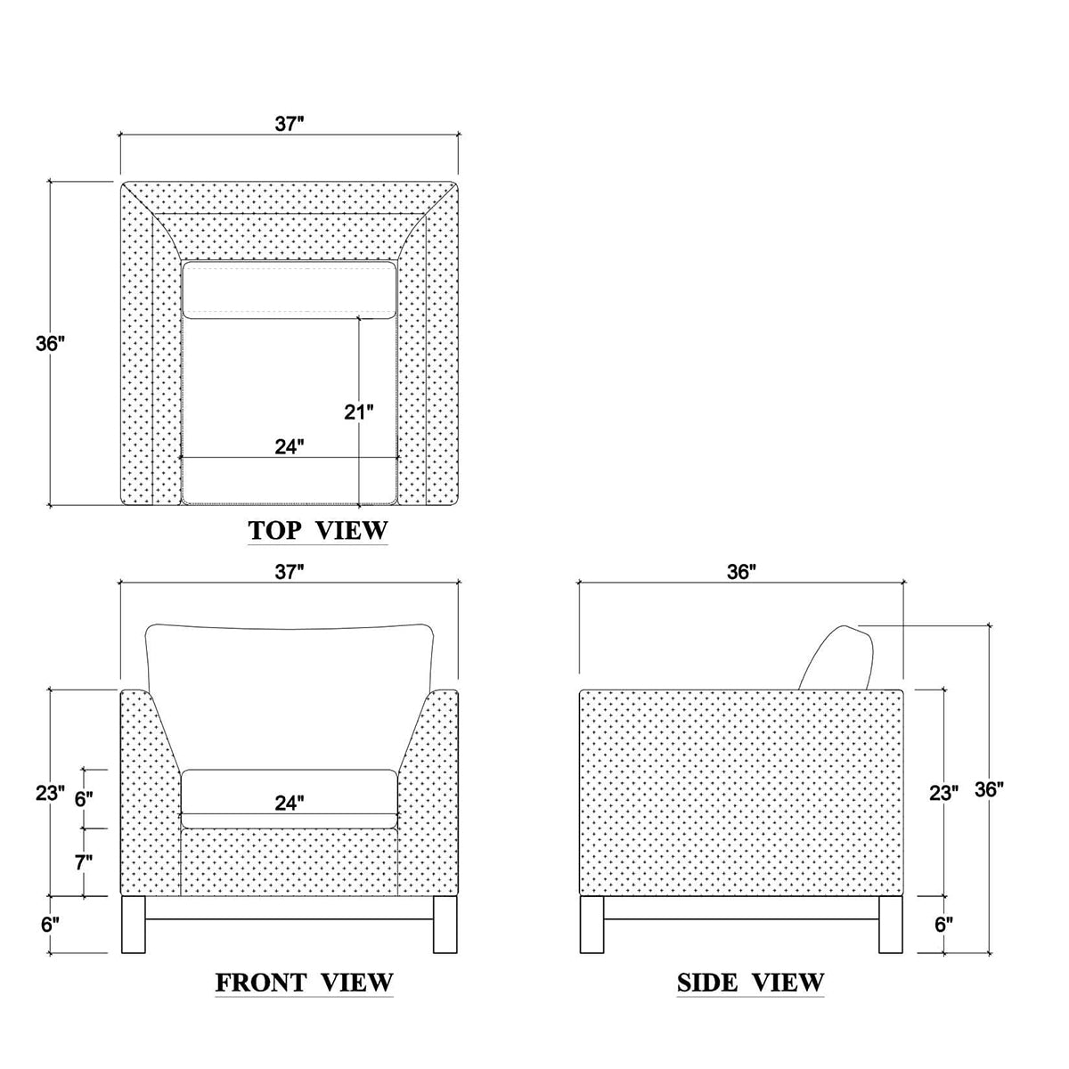 Dimensions and views of modern upholstered armchair design.