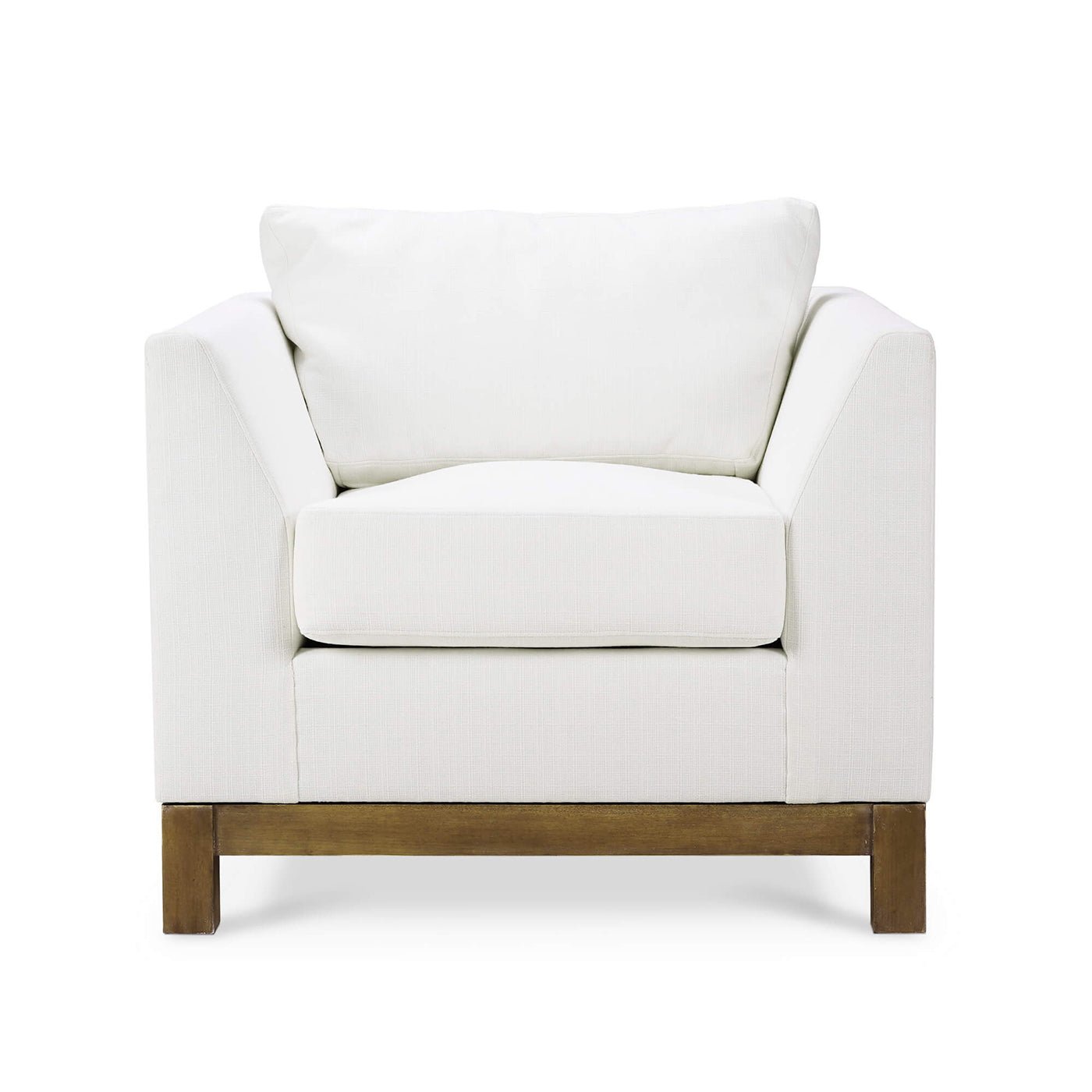 Front view of modern upholstered white armchair.