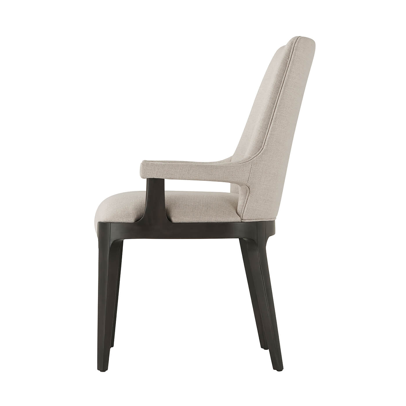 Side profile of modern upholstered dining armchair, elegant armrest.