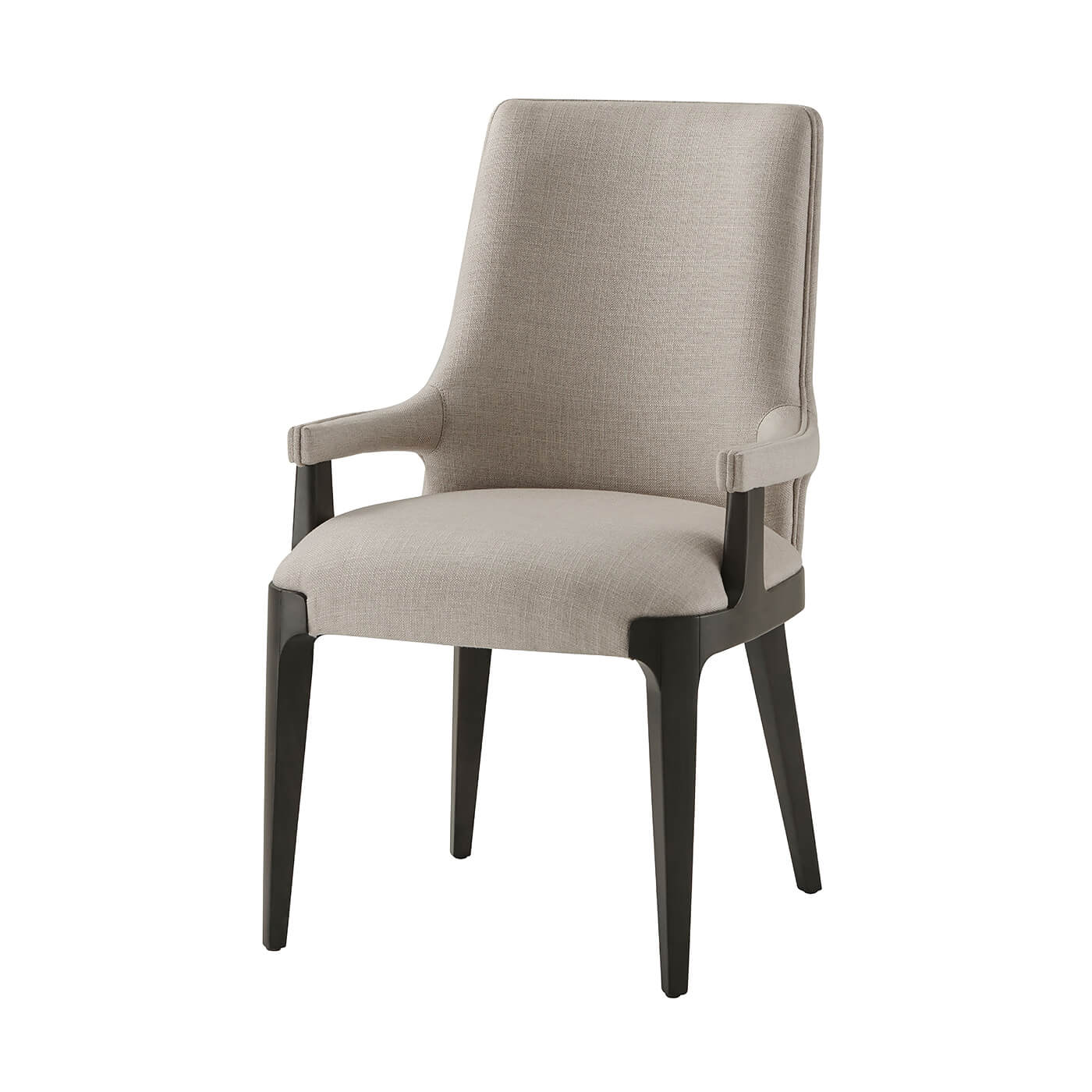 Modern upholstered dining armchair front view with wooden legs.