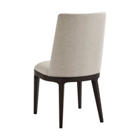 Back view of modern upholstered dining side chair.