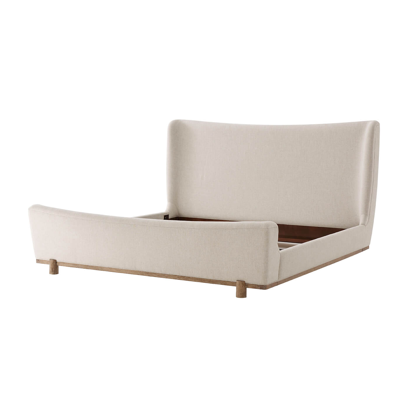 Modern upholstered king size bed frame, no mattress.