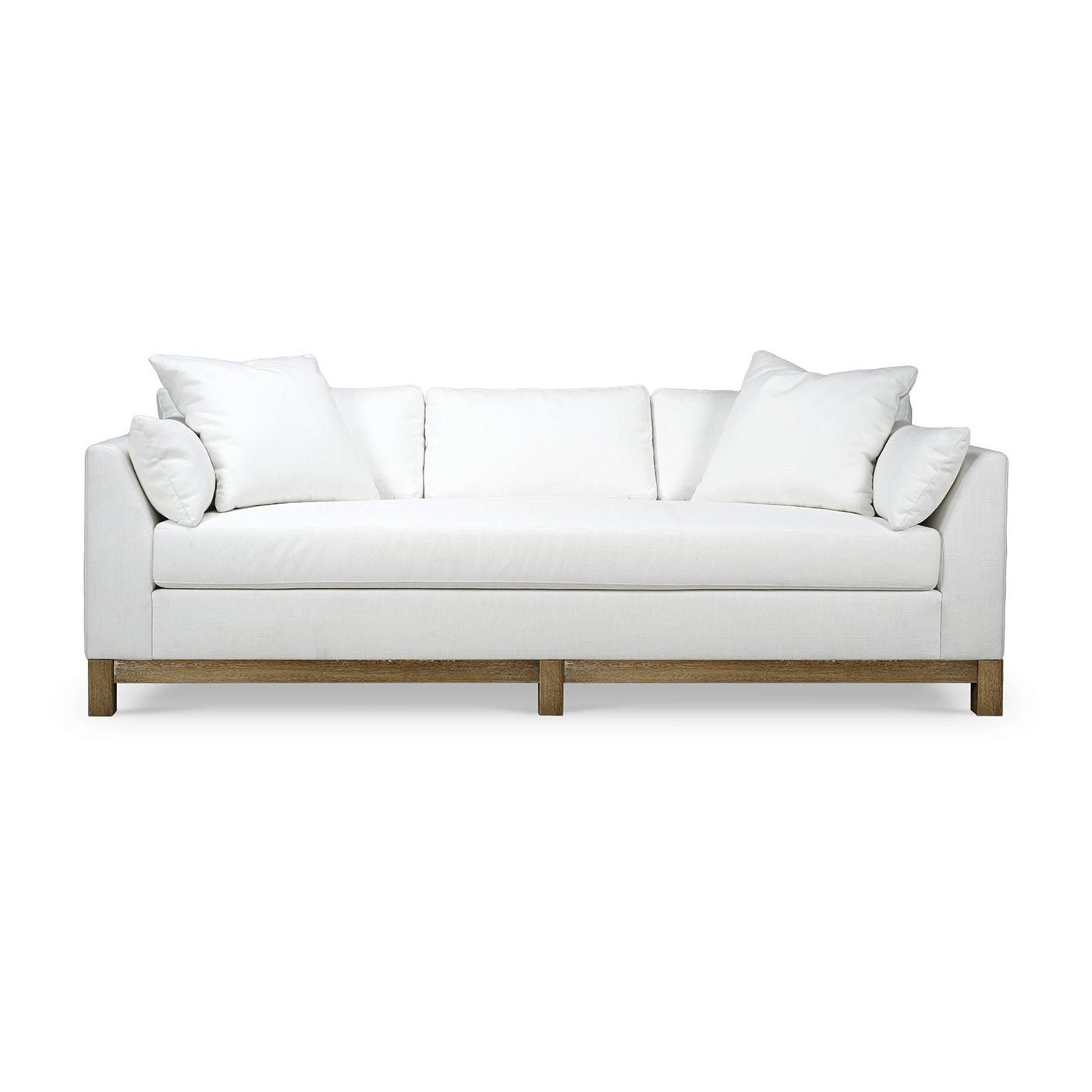 White sofa with wooden base, front view.