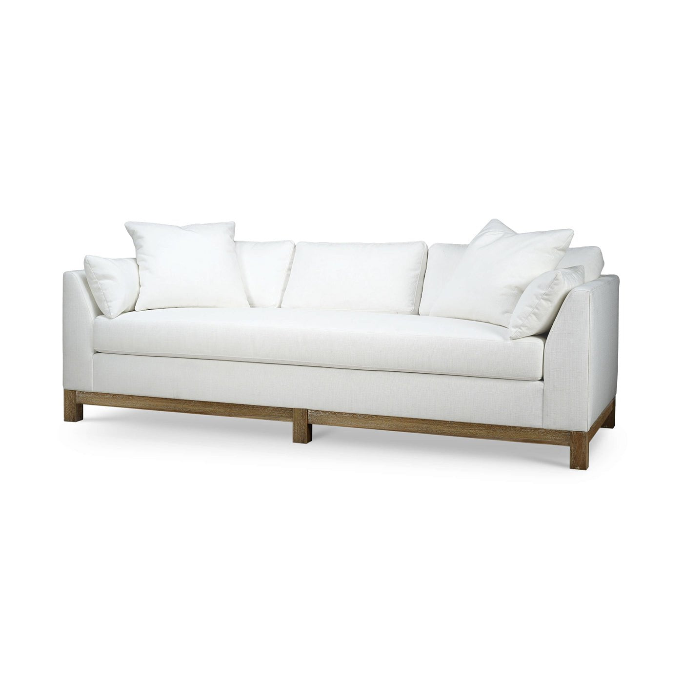 White modern sofa with wooden base, angled view.