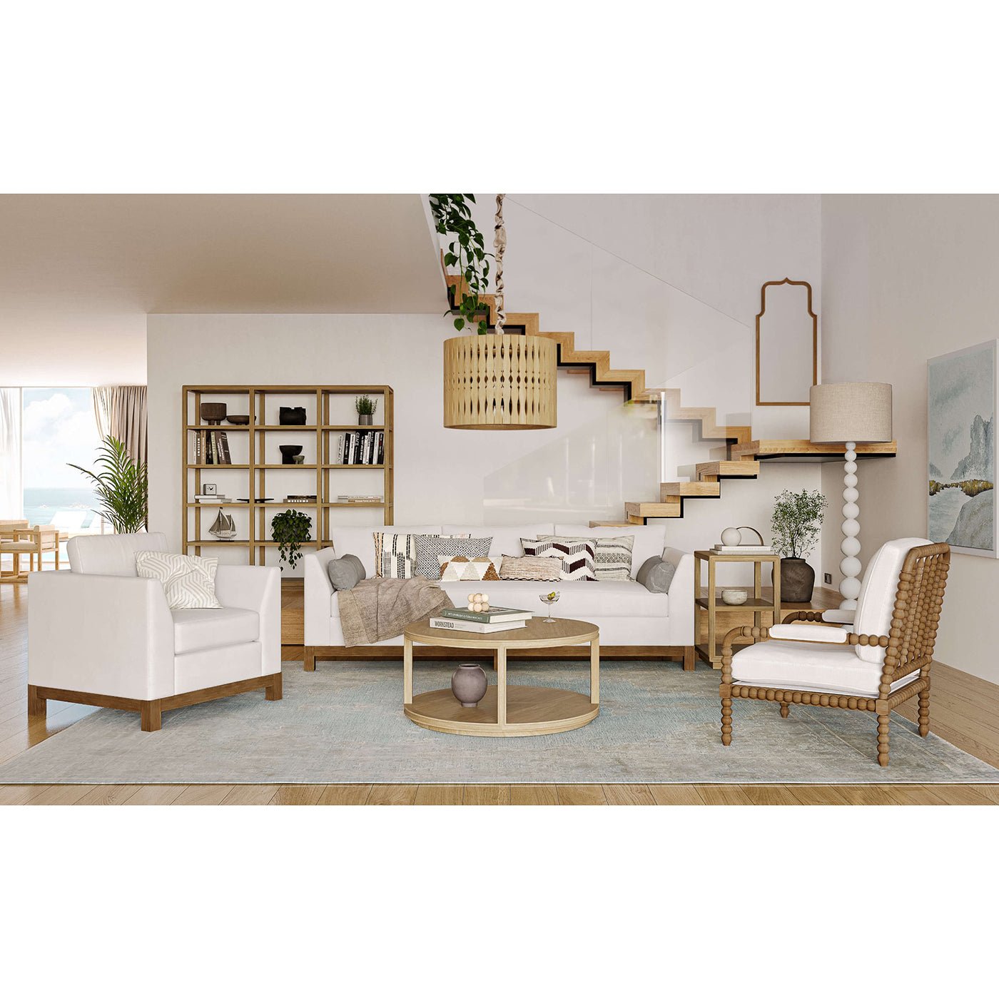 Living room setting featuring white modern sofa.