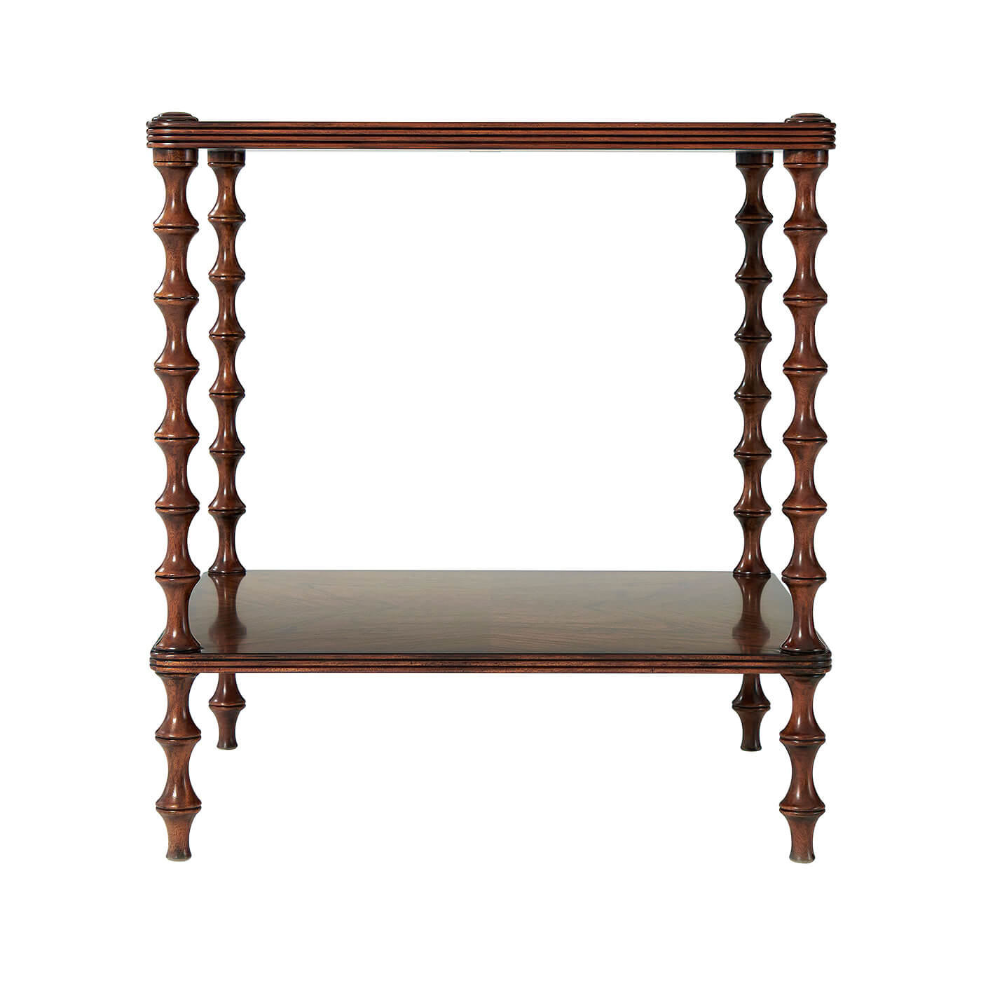 Walnut side table front view, spindle legs, two shelves.