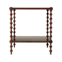 Walnut side table front view, spindle legs, two shelves.